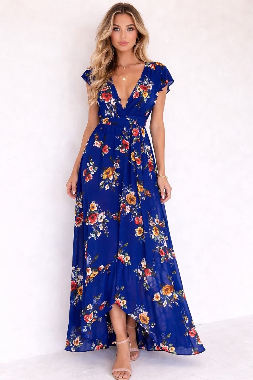 B.O.G Collectives Boho Blue Floral Maxi Dress  Hem Flutter Sleeve Romantic M NWT
